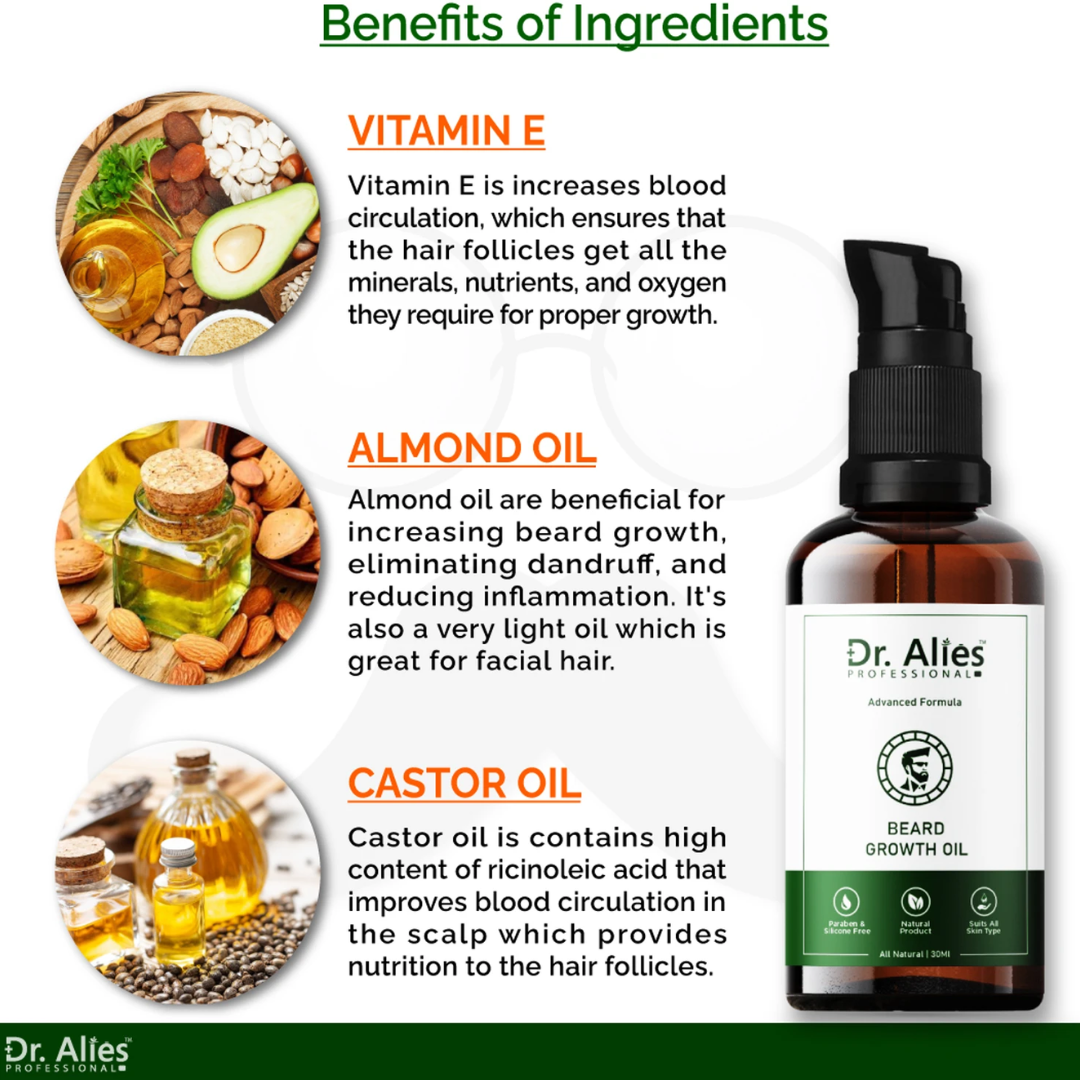 Dr. Alies Professional Beard Growth Oil | Natural Formula with Vitamin E, Almond Oil & Castor Oil